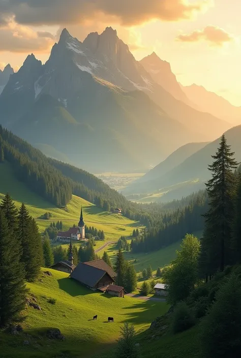 A serene view of the Carpathian Mountains during sunset, with lush green valleys and traditional Romanian villages in the foreground.
