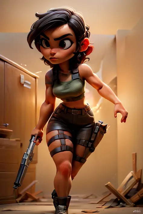 small figure walking、lara croft、very detailled, realisitic, 8k, volumetric lighting, cinematic, dramatic lighting, grainy, grimy...