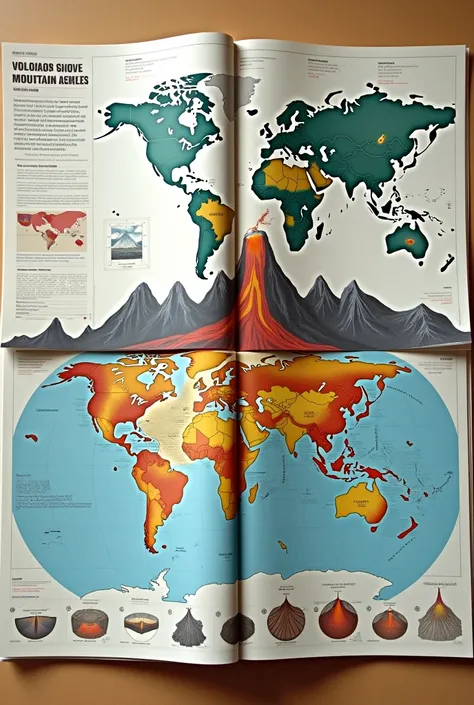 Make a brochure about the distribution of Volcanoes, earthquake epicenters and mountain ranges