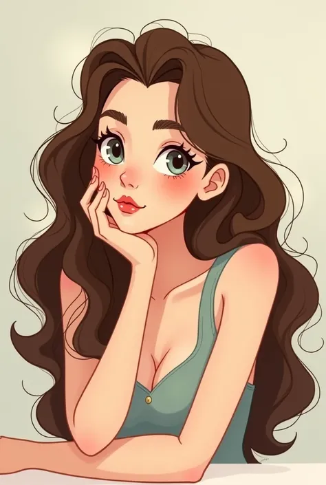 Cartoon character woman white skin color with long brown curly hair down to waist with her face resting on her hand 