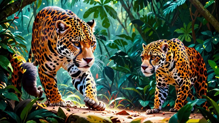 a jaguar hunting a  monkey in the jungle