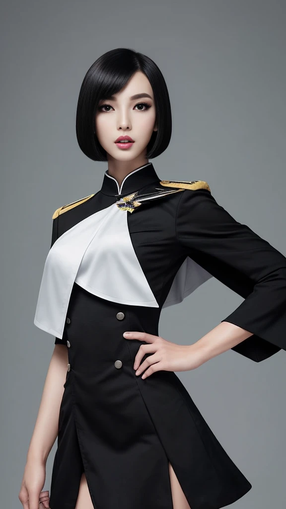 Tall and slender Taiwanese beauty。Black short bob。Black uniform with five-star epaulettes。A small white cape on the left shoulder。