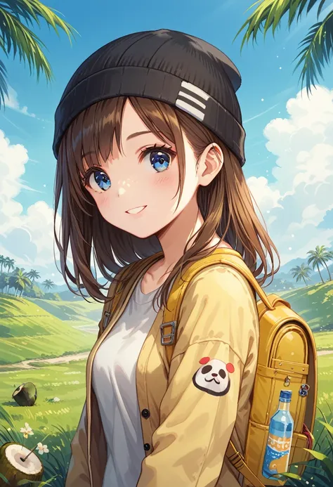 score_9, score_8_up, score_7_up, source_アニメ, Anime Girls (((Yellow Backpack))) and (((Four dogs in a coconut tree field))), ((((Blue Eyed Girl)))), (((The girl is wearing a beanie hat))), Cute and detailed digital art, Adorable digital painting, ((((Charac...