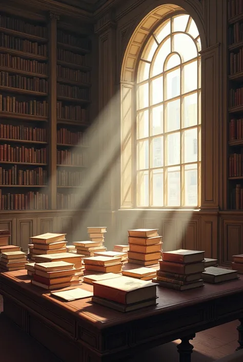 in library hall on table with lot of booksmost realistic photo with window light