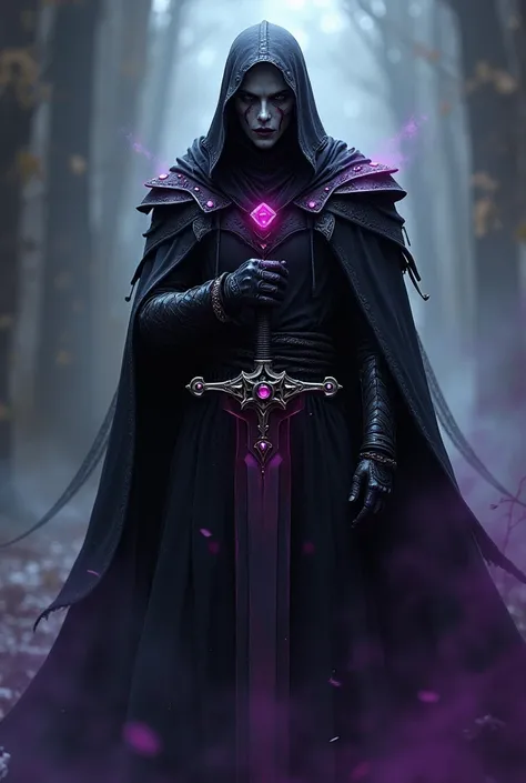 la mort en personnage ultra dark avec une faucille rouge carmin et fait lui une superbe armure noir sombre et des emeraude rouge carmin, violet purple utea realise utra detaillé 