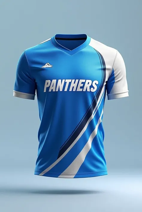 Give me a pic of 1 back and 1 front jersey that is color blue and white and put some cool line on it with the text panthers