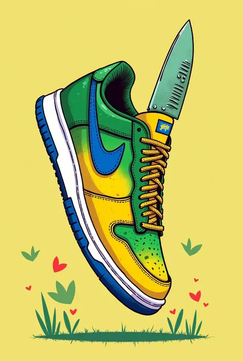 I would like to create a tennis shoe that reflects Brazil, with its flag colors and animals, make a simple drawing, not very realistic and detailed, so it doesn&#39;t look like it was AI, knife in a simple way, without much detail in the drawing, nike symb...