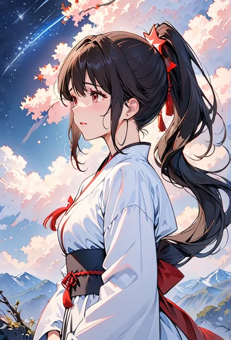 
One girl, solo, Long Hair, Gaze, ponytail, High resolution, masterpiece, Anatomically correct, Are crying, Elevation,plateau,Starry Sky,Red Star