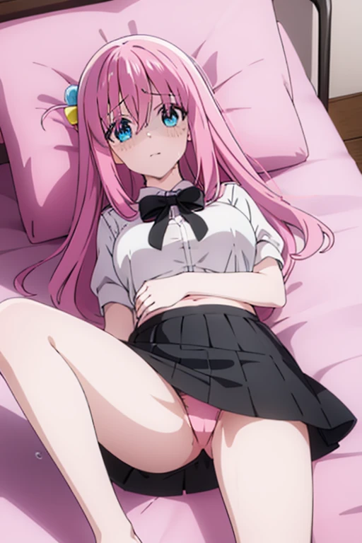 Black Mini Skirt、Pink Panties、Panty shot、Leg spread、、bed、Looking from above、Depressed face、Watery eye、Big Breasts