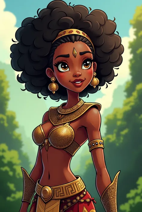 A brave African warrior princess in a cartoon representation,she is a dark skinned,a teenager with beads on her and armour