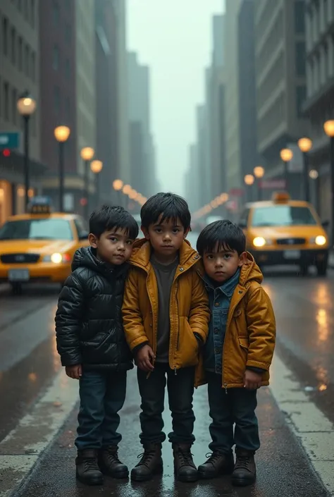 three boys that are wet due to a weather waiting for a taxi cab to stop