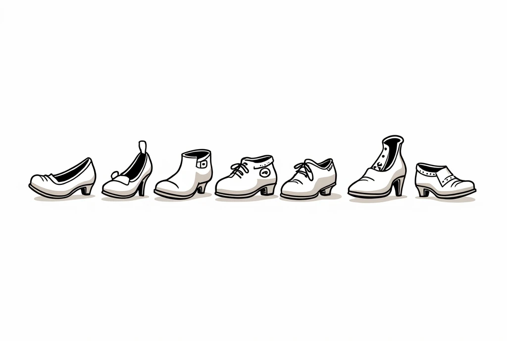 various shoes, line art cartoon style, seamless white background,