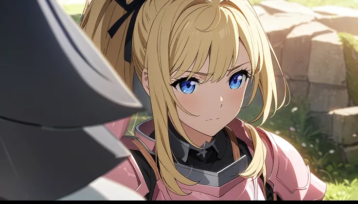 （Highest quality、Super detailed、（Beautiful anime images）、:1.5）、（she姫騎士、Blonde hair with black ribbon hair accessory、Ponytail、Blue eyes, armor and pink skirt）、（she(Man with face outside the frame)She&#39;s being doggy styled and screaming with her eyes wide...