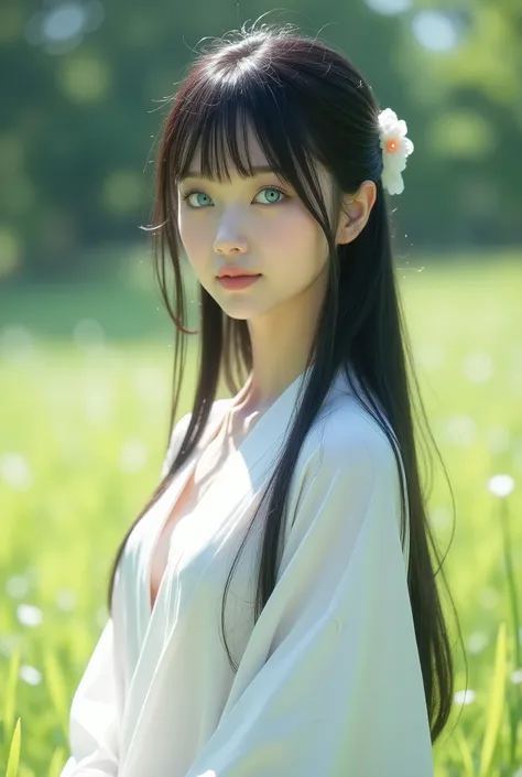 ((Top Quality)), ((Excellent)), (Details) ,((Japanese)),(), black hair, (young face),((straight hair)), shiny hair, girl, medium bust, accentuated cleavage,((blue eyes)), masterpiece, ((white caftan)),((caftan is a traditional Islamic dress)), natural ligh...