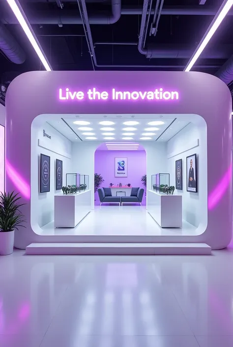 Create a large smartwatch store, clean, beautiful and futuristic. The store details would be in purple and the walls would be white.. Have a different entrance door with the phrase live the innovation. A bench with three steps where a few clocks will be di...