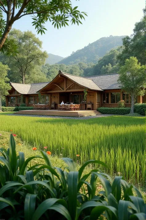 Restaurant in a middle of a rice field uaing a bamboo and woods has a fish spa and and game room that has a dart and bridge using woods connected to a restaurant’s 