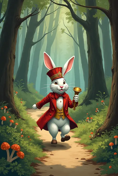 We are going to create illustration style images of the White Rabbit character from Alice in Wonderland.. First ballot is the WORRIED white rabbit walking through the forest in the herald of hearts costume 