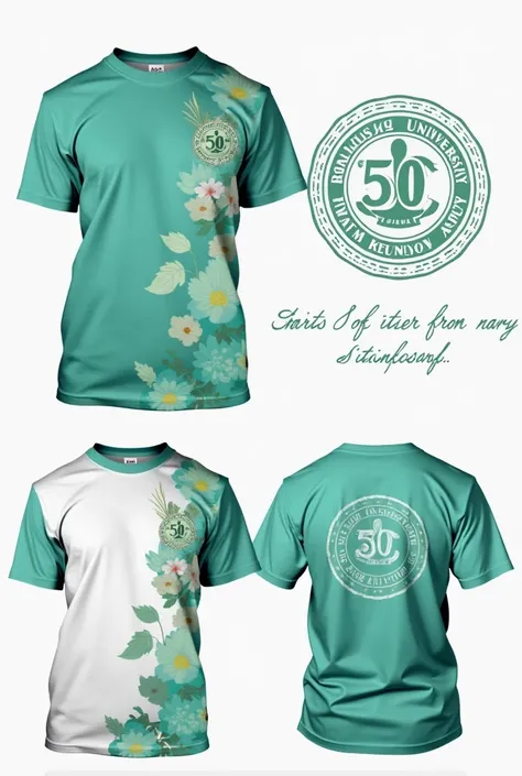 Generate an image of  t shirt that is sublimation. Front and back . Chest part consist of logo and back part consist of baliuag university nursing alumni association. . The shirt is for reunion of 50th anniversary. Generate 3 examples. T shirt only. Show t...