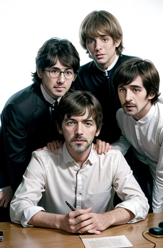 Create an image in which the 4 Beatles (John, Pavel, Ringo and George), in the 45 year age range, are sitting at an office desk. Highlight on faces. Show only 4 characters. John must be wearing round glasses. badass clothing: Dress Shirts. white background...