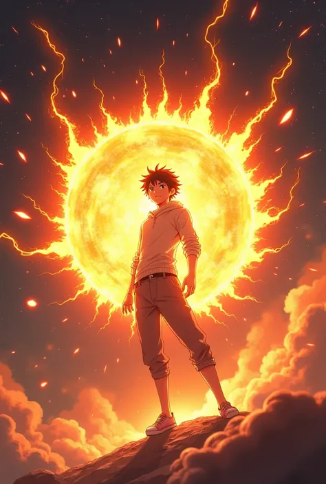 A very dangerous sun power holding to teenage boy with unbeatable power in space (anime) 