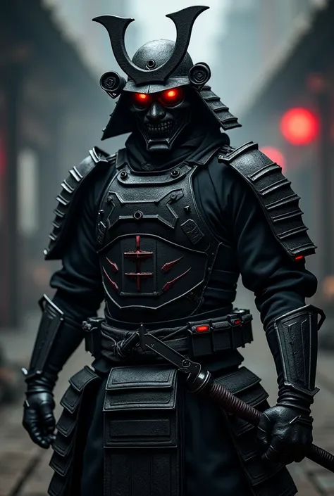 • All black Samurai armor 
• Tactical armor
• Military black style
• Man
• Samurai Oni mask
• Red eyes 
• S.W.A.T armore combination 