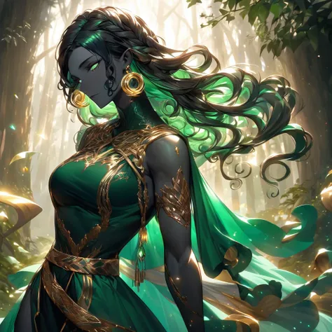 an elf with deep, radiant black skin, with a beauty that mixes strength and serenity. Your skin reflects the light with a soft glow, like the surface of polished obsidian. Your hair is voluminous and curly, in a tone as dark as night, cascading down to sho...