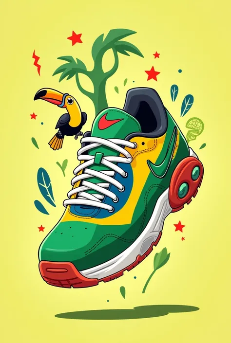 I would like to create a tennis shoe that reflects Brazil, with its flag colors and animals, make a simple drawing, not very realistic and detailed, so it doesn&#39;t look like it was AI,  Faca o mesmo desenho porem mais simples, sem sombras e detalhes 