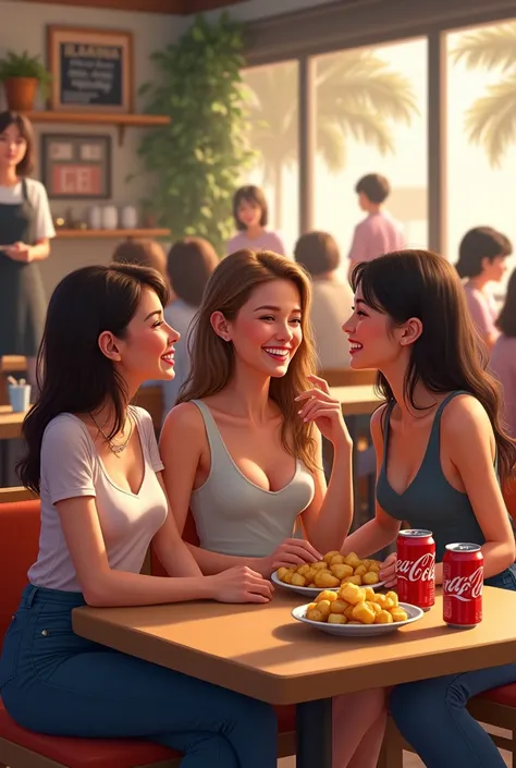 Three women sitting on chairs,table,see,laugh,diatas table ada piring,contains potatoes,3 cans of coca cola,room,Background,cashier wearing apron ,many people sit down to eat