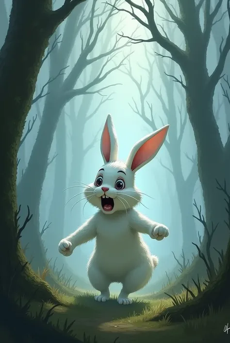 We are going to create illustration style images of the White Rabbit character from Alice in Wonderland.. The scared rabbit has to appear because the forest is full of fog 