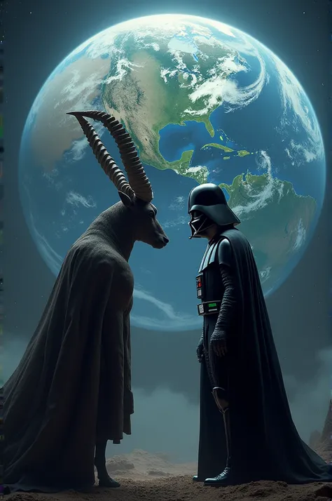 dark vader facing an oryx in front of the earth