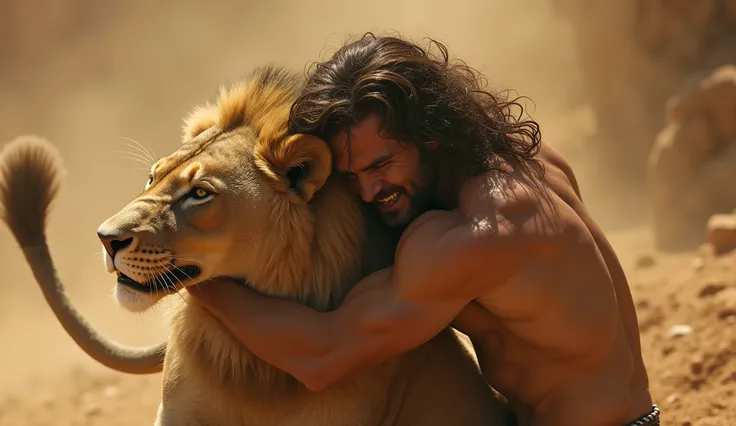 Action photo of Samson fighting the lion, muscular man grappling with ferocious beast, dynamic pose, full body framing, dusty wilderness setting, dramatic chiaroscuro lighting, shot from above, on Sony A1 with 70-200mm lens, in style of Gustave Doré
