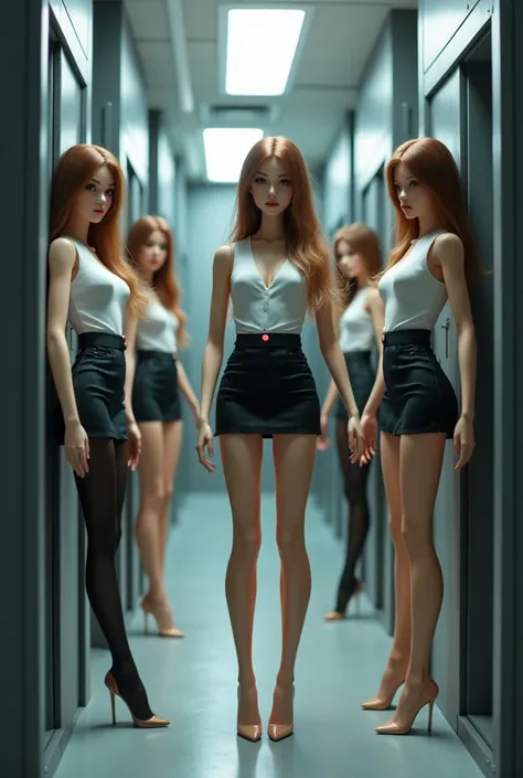 Real life size female sex dolls with long hair and pretty face, with sexy office clothes (miniskirts, tight pants, jumping, Stockings, blouses) in the office, They are in their cargo modules in a hallway, They have a small charging light on the front, Some...