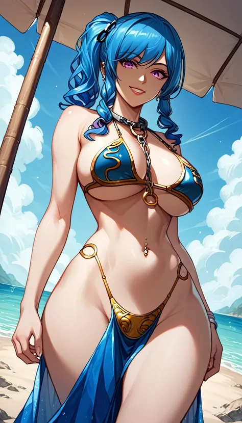 score_9, score_8_up, score_7_up, source_anime, best quality, solo, clear face, St. Louis, blue hair, long hair, large breasts, perfect body, looking at viewer, smile, slave, slave bikini, in the beach, standing, dynamic angle, high leg thong, from behind, ...