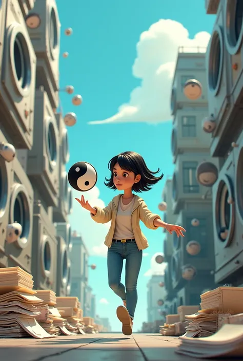 Style Pixar, Scène dune femme aux cheveux noirs et courts qui dribble à la main un yin yang, tenue contemporaine.Décor ville, Les bâtiments ont la forme de machines à laver., des dossiers de travail, de la vaisselle sale, du linge à laver. Journée soleil