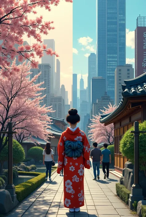 A split image, one side showing a traditional Japanese house with a person in a kimono, and the other side showing a modern city with skyscrapers and people in casual, modern clothing. The contrast should highlight the difference between the past and prese...