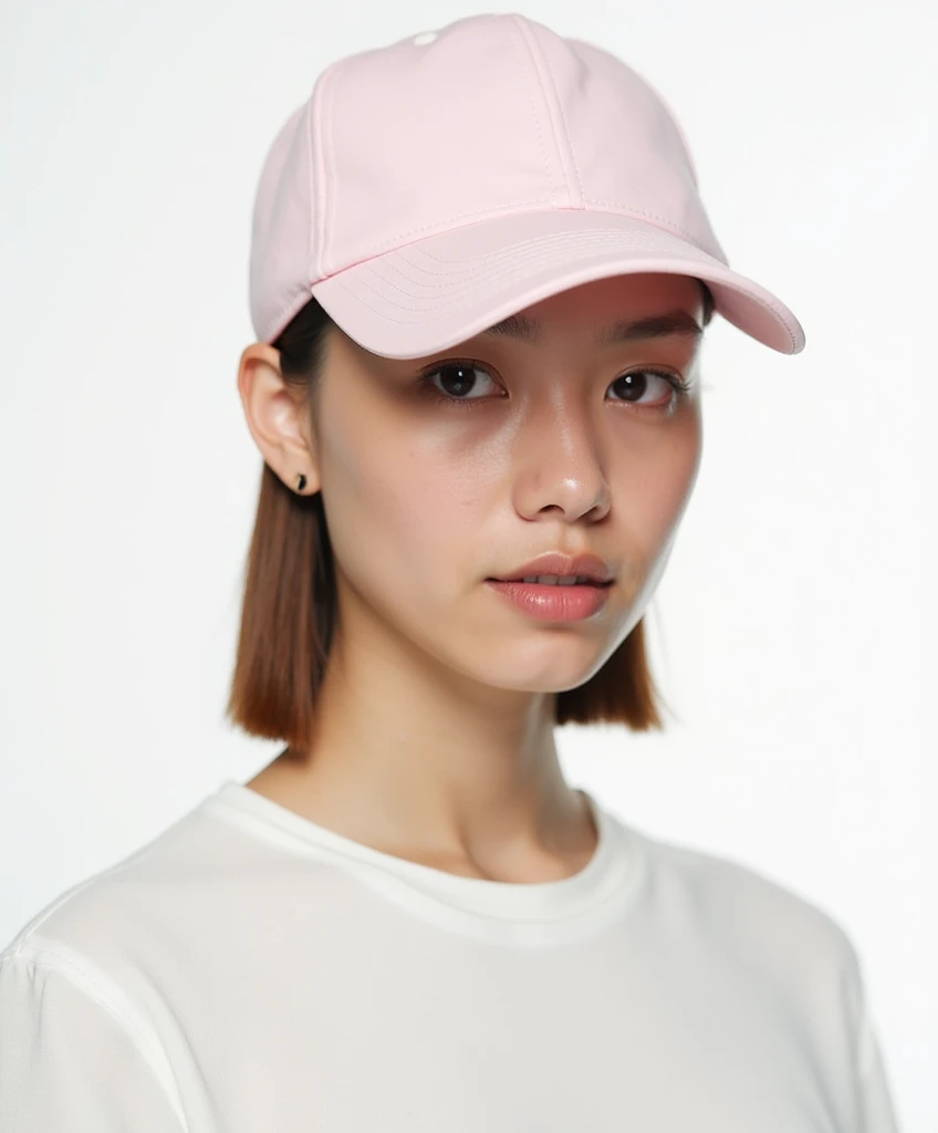 Young Woman Casual and sporty look with straight, shoulder-length hair partly covered by a light pink baseball cap. She is wearing a sleeveless white top made of soft, comfortable material. The background is plain white, suggesting a studio setting with ev...