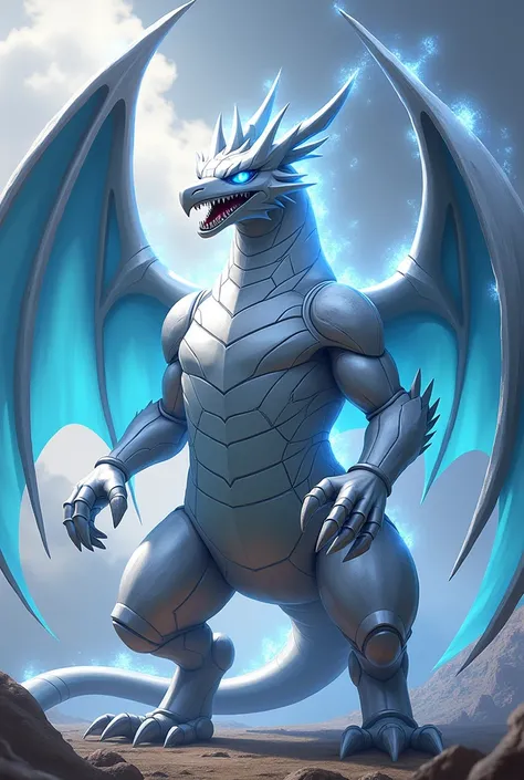 Body Structure: Start with Dialgas (Pokemon) metallic body, but add the sleek, white scales of the Blue-Eyes White Dragon. The body should have a robust, powerful stance.

Wings: Incorporate large, majestic wings similar to those of the Blue-Eyes, but with...