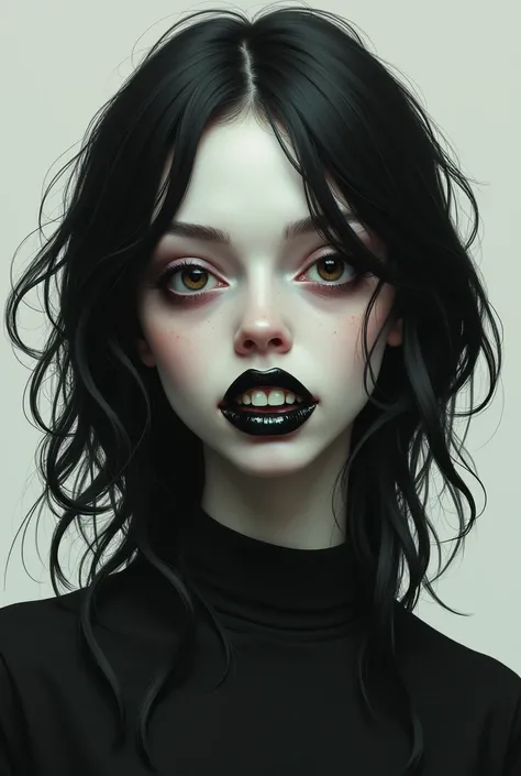 White girl with black hair, big teeth, small eyes, black lips