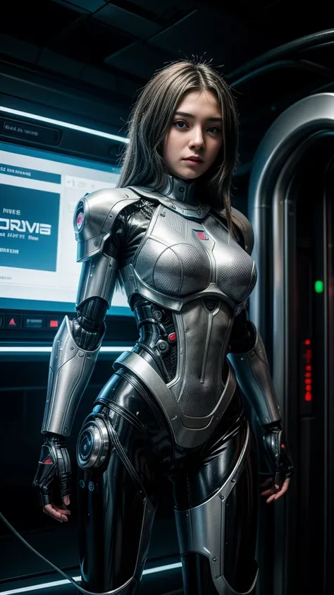 The image features a young woman in a futuristic setting, standing in front of a large robotic machine.