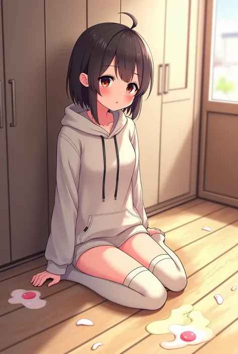 Anime girl, cute, yogurt spilled over her legs, blushed, shaking, sitting on ground, hoodie, only sweater and over knee socks, cute, blushed face, lots of details, realistic anime, high quality, masterpiece, detailed room, sitting in puddles, legs spread, ...