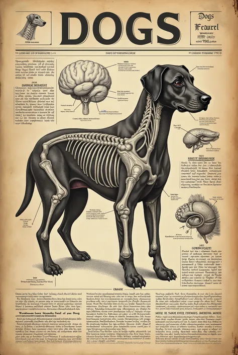 newspaper , scientific dog, fiction, anatomy, old newspaper style, about dogs, dogs, dog anatomy, brain, education, drawing