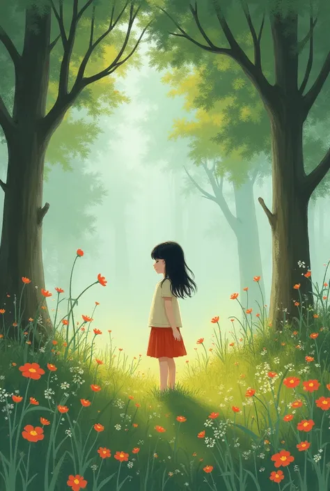 

Scene 1: Lily in the meadow

- Image prompt: A illustration of a shy girl (Lily) standing alone in a lush meadow, looking wistful and lost, with wildflowers and trees surrounding her.