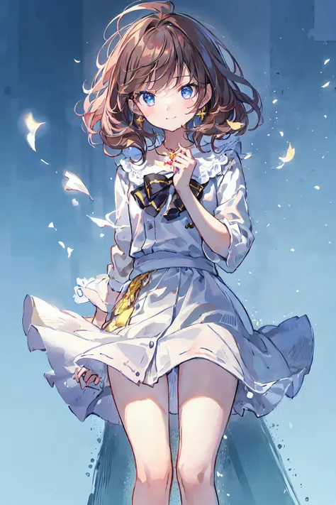 黒いドレスと青いJacketを着て通りに立っている女の子，Brown Hair，Shortcuts，Messy Hair，Slender beauty，A dignified posture，Small chest，Beautiful feet，Big smile，Her captivating grey-blue eyes shine like stars，Highest quality, wonderful_beautifully, beautiful, 8k, Jacket, Earrings, ne...