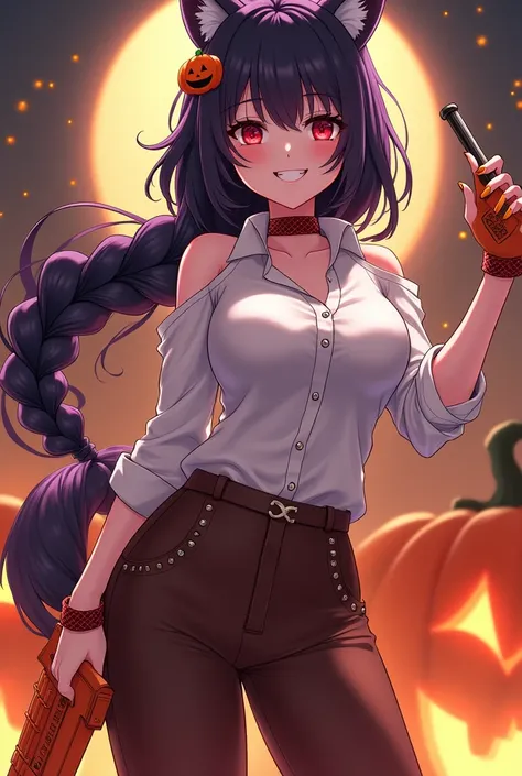 adult female girl, wolf ears, halloween theme, pumpkin choker, red ear stud, flowing dark purple hair, pumpkin gun, female cowgirl outfit, white buttoned up shirt, brown high waist trousers, pumpkin themed sneakers, smile and wink on face, beautiful glowin...