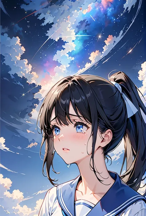 One girl, High resolution, masterpiece, solo, Long Hair, Gaze, Black Hair,blue eyes,ponytail,Sailor suit,blue sailor collar,Anatomically correct, Are crying, Elevation,plateau,Night Sky、nebula