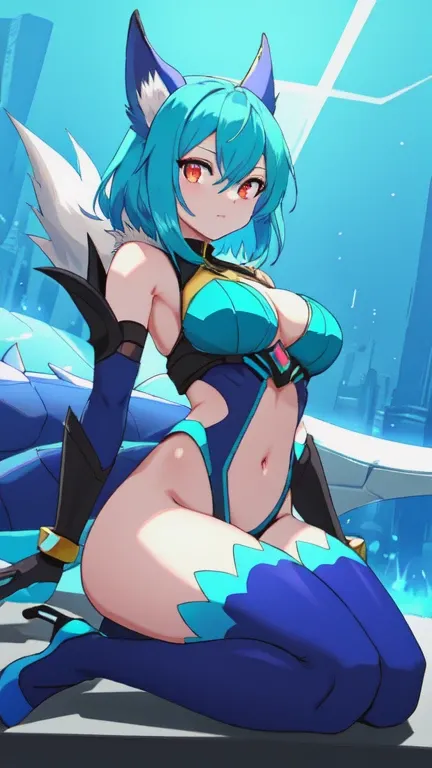 Dragon Fox Girl, with blue fur and cyan scales, Eyes red, ​masterpiece, fully body, medium breasts, use futuristic things, warrior of the future