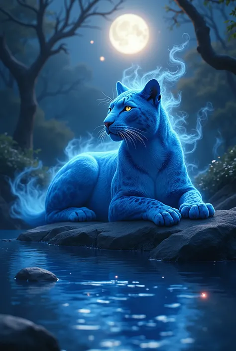 An image of a nighttime landscape by a moonlit pond. In the foreground lies the Azure Aristocrat, a panther with bright blue fur, resting on rocks by the water. Her eyes shine like precious gems, and around her form swirling water currents that reflect the...