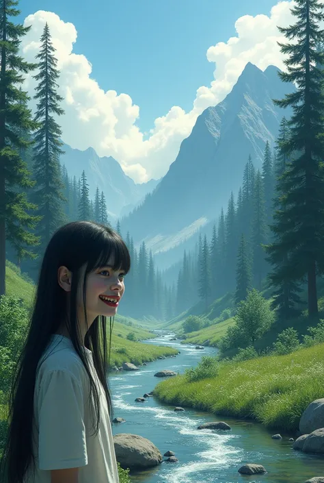 Landscape with mountains, stream, pine trees and cloudsWhite girl with black hair, big teeth, small eyes, black lips