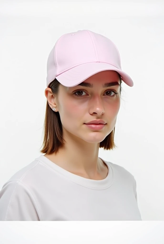 Brazillian Young Woman Casual and sporty look with straight, shoulder-length hair partly covered by a light pink baseball cap. She is wearing a sleeveless white top made of soft, comfortable material. The background is plain white, suggesting a studio sett...