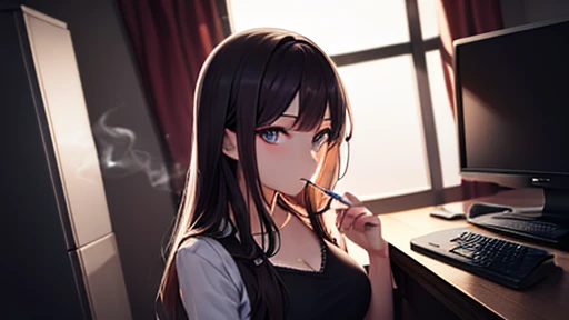 Beautiful detailed girl, Very detailed,Beautiful Eyes, High resolution, Very detailed, The finer details, Highest quality,The girl is smoking a cigarette,Standing in front of a computer screen in a dark room,The night view can be seen from the window